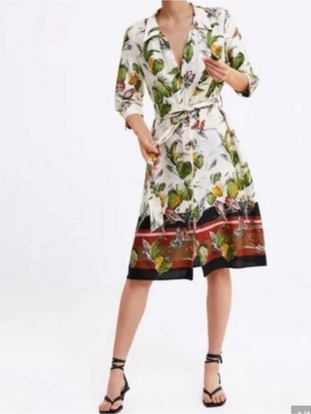 EUC Zara Tropical Parrot Botanical Print Shirt Dress with Belt Small